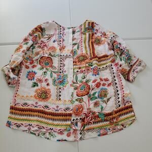 Halston Shirt Womens 1X Multicolor Floral Linen Button Front Boho Top Blouse